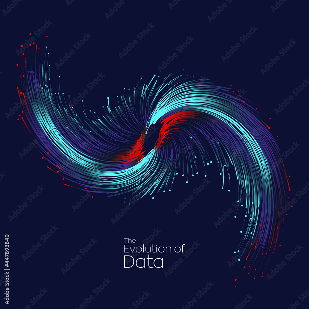 Poster evolution of data. vector explosion motion dots lines background. small particles strive out of cent