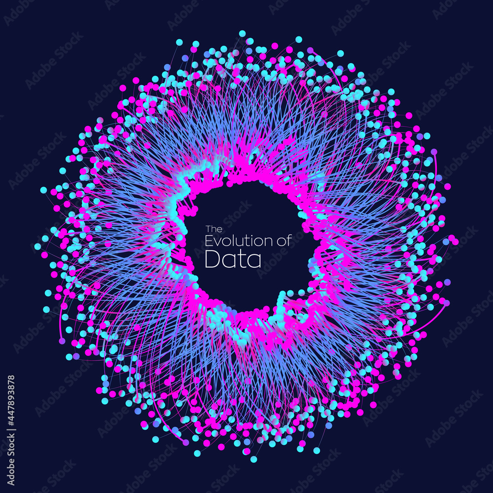 Poster evolution of data. vector explosion motion dots lines background. small particles strive out of cent