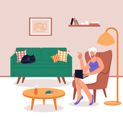 Female Character Sitting on chair with Laptop. The cat is sitting on the couch. Home Office. Lifestyle after quarantine.