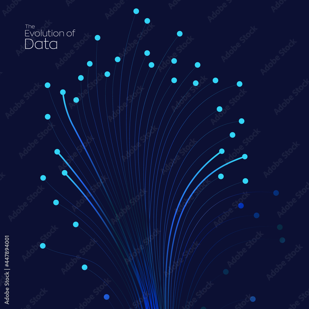 Poster evolution of data. vector explosion motion dot lines background. small particles strive out of cente