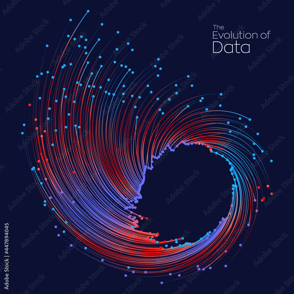 Poster evolution of data. vector explosion motion dot lines background. small particles strive out of cente