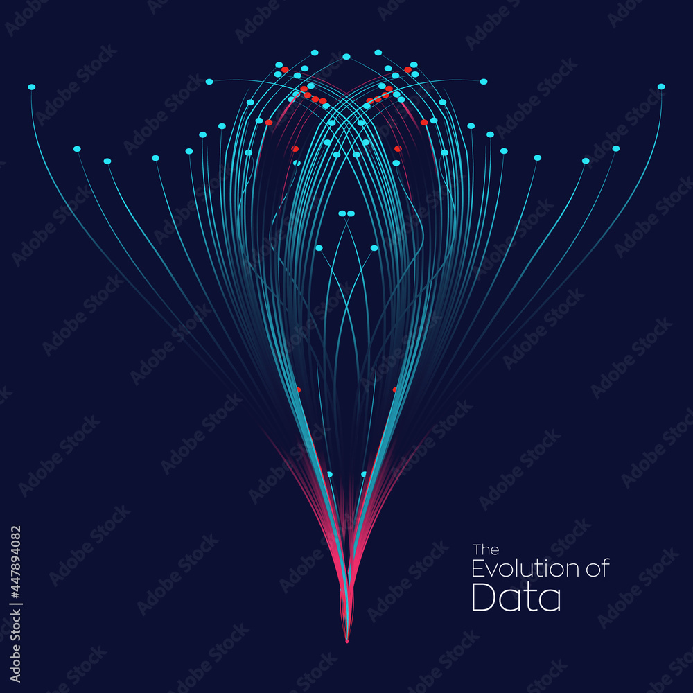 Poster evolution of data. vector explosion motion dot lines background. small particles strive out of cente