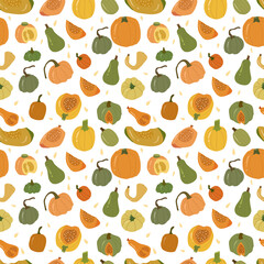 Colored pumpkin seamless pattern, autumn vegetable whole and slice.