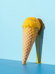 Melting ice cream on a blue background. Mango ice cream in a cone.