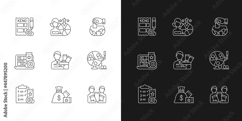 Aufkleber gambling game types linear icons set for dark and light mode. quiz show. keno game. raffle. lottery 