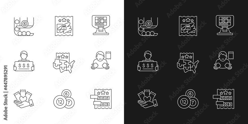 Aufkleber lottery games types linear icons set for dark and light mode. ball draw machine. scratch cards. mult