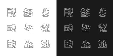 Gambling game types linear icons set for dark and light mode. Quiz show. Keno game. Raffle. Lottery agent. Customizable thin line symbols. Isolated vector outline illustrations. Editable stroke