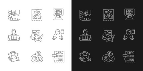 Lottery games types linear icons set for dark and light mode. Ball draw machine. Scratch cards. Multi-state game. Customizable thin line symbols. Isolated vector outline illustrations. Editable stroke
