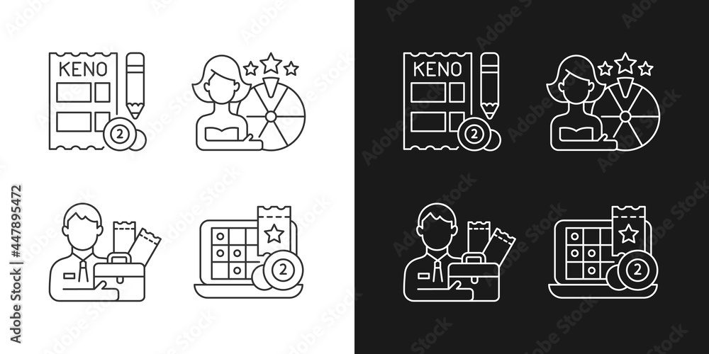 Aufkleber lottery-like gambling games linear icons set for dark and light mode. matching numbers on keno ticke