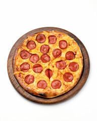 Crispy Pepperoni pizza with salami sausage and melted cheese isolated on white background. Top view.