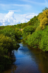 Fototapeta na wymiar Picturesque spring landscape. Narrow and winding part of the river between two banks with many dense bushes and green trees. Vibrant sky reflected in tranquil water. Concept of landscape and nature