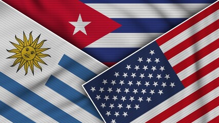 Cuba United States of America Uruguay Flags Together Fabric Texture Effect Illustration