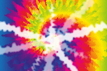 Fototapeta na wymiar Tie Dye Colorful Shibori Rainbow Color Hippie Background for Design Clothes Shirt in Retro Boho Style 1970 with Swirl Spiral