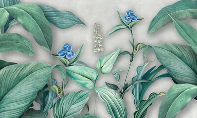 Tropical leaves with flowers. Collage 3d. Photo wallpapers for the interior. - obrazy, fototapety, plakaty