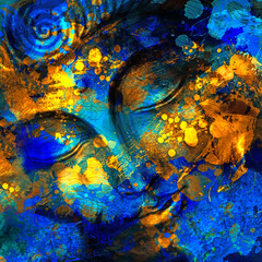 Buddha - digital art collage combined with watercolor. Blue and yellow splashes and stains of paint. An unusual painting hand drawn for the interior