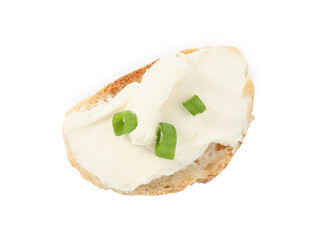 Bread with cream cheese and green onion on white background, top view