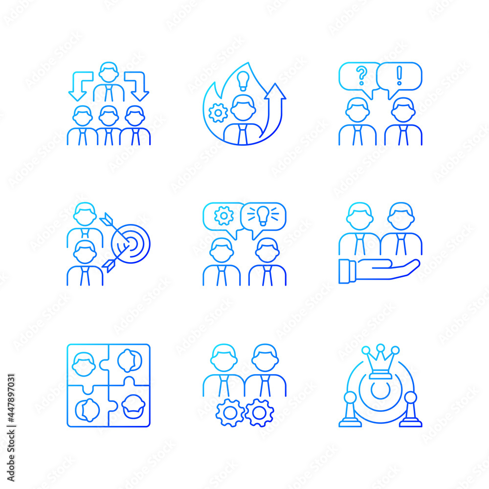 Poster team working gradient linear vector icons set. business cooperation. collective communication. cowor