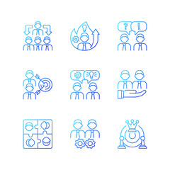 Team working gradient linear vector icons set. Business cooperation. Collective communication. Coworkers interaction. Thin line contour symbols bundle. Isolated vector outline illustrations collection