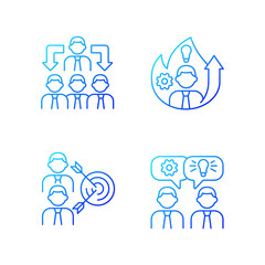 Working together gradient linear vector icons set. Office members coordination. Group communication. Coworking. Thin line contour symbols bundle. Isolated vector outline illustrations collection