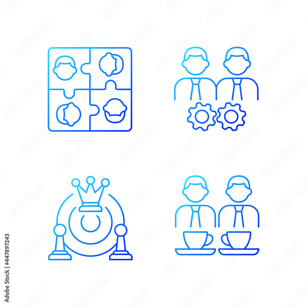Poster office members interaction gradient linear vector icons set. approach goal together. employees team 