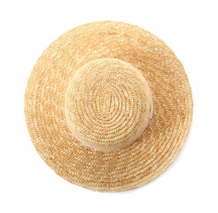 Fototapeta na wymiar Stylish straw hat isolated on white, top view