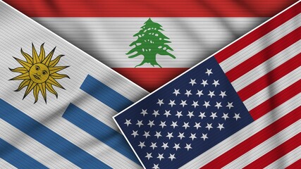 Lebanon United States of America Uruguay Flags Together Fabric Texture Effect Illustration