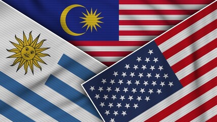 Malaysia United States of America Uruguay Flags Together Fabric Texture Effect Illustration