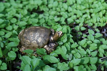 A metal turtle figurine in the green grass. A symbol of spring.