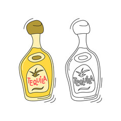 Tequila bottle on white background. Two kinds beverage. Cartoon sketch graphic design. Doodle style with black contour line. Colored hand drawn object. Party drinks concept. Freehand drawing style