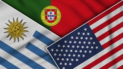 Portugal United States of America Uruguay Flags Together Fabric Texture Effect Illustration