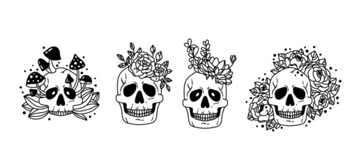 Mystical floral skull isolated clipart bundle,creepy floral boho skull collection, cactus, succulent, mushroom human skull set, horror halloween black and white vector set