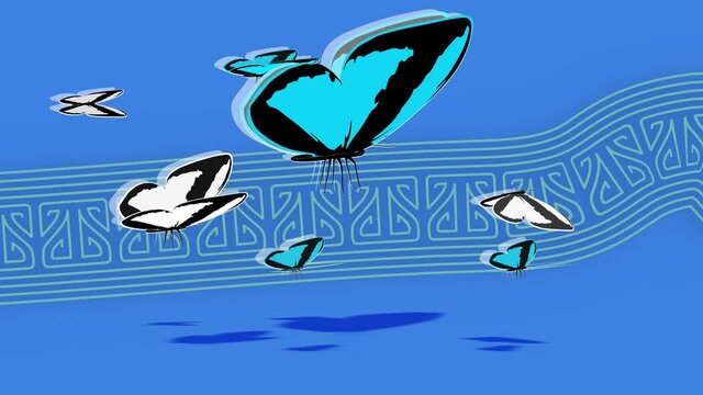 3d animation, many butterflies flying on blue background  with scroll effect ( cartoon )