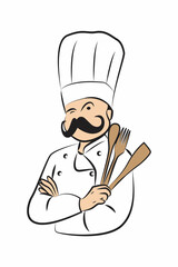 Naklejka premium Mustache Chef in hat and cooking ware with wink eyes illustration.