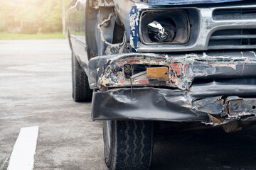 Front car damage from road accidents. Front and side injection parts were broken. The headlight was severely damaged. 