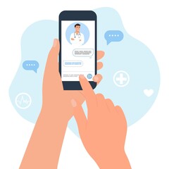 Online doctor consultation.Smartphone screen with male therapist. Telemedicine concept. Chat with a medical worker.Hand holding smartphone. Flat vector illustration