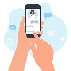 Online doctor consultation.Smartphone screen with female therapist. Telemedicine concept. Chat with a medical worker.Hand holding smartphone. Flat vector illustration