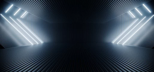 Neon Laser Blau Weiß Led Lichter Sci Fi Futuristisches Modernes Raumschiff Dunkler Tunnel Korridor Hangar Garage Metall Glänzend Showroom Leere Bühne 3D-Rendering © IM_VISUALS