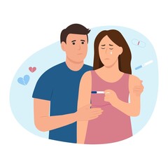 Sad couple looking at the negative pregnancy test.  Unhappy woman. Woman and man can't have a baby. Husband comforting his crying wife.Vector illustration