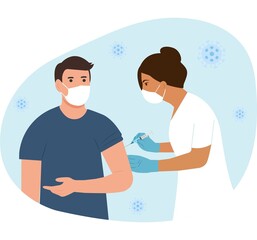 Obraz premium A doctor in a clinic giving a vaccine to a man. Vaccination adult concept. Immunization of adults, covid vaccine. Happy patient.Flat vector llustration.