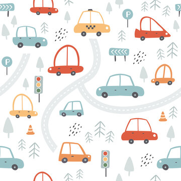 Seamless pattern with cartoon cars. Cute transport vector illustration/ Perfect for kids fabric, textile, nursery wallpaper.  Hand drawn Scandinavian style.
