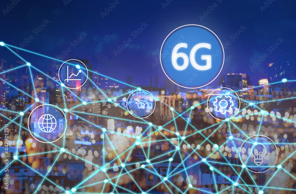 Poster 6g network wireless system. beautiful cityscape and network connection lines