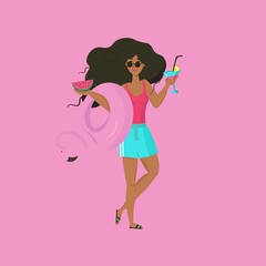 Summer time vector illustration. Happy girl on the beach with watermelon and flamingo float circle. Vocation time. Flat trendy style.