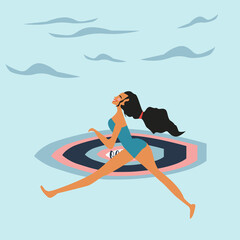 Brunette girl with a surfboard runs to the ocean to surf. Colorful flat cartoon vector illustration.