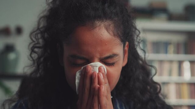 Close Up Face Ill Allergic Upset Young Indian Woman Holding Tissue Blowing Running Nose In Handkerchief Got Flu Fever Caught Cold Influenza Symptom At Home Office, Allergy Hay Fever Concept