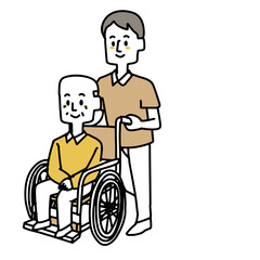 高齢男性が乗っている車椅子を押す介護士