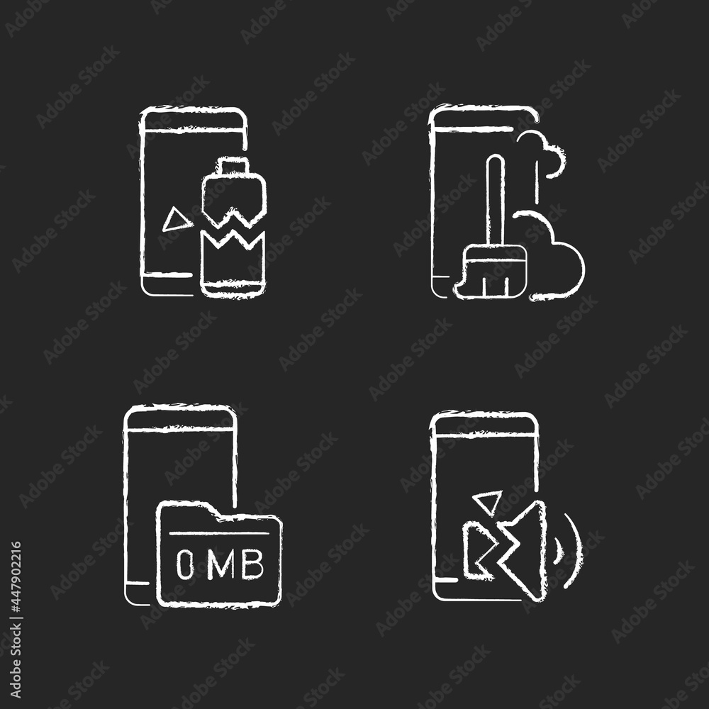 Poster phone errors chalk white icons set on dark background. broken smartphone. battery issue. memory card