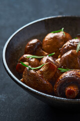 Oven baked Mushrooms with teriyaki sauce. Top view 