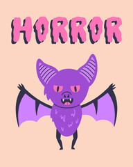 Happy halloween horror party with bat and creepy lettering poster. Cute animal character and spooky calligraphy print. Vector illustration in doodle flat cartoon style. Scary holiday, light background