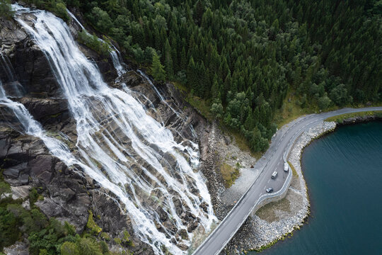 Norway Vestland Furebergfossen Waterfall Aerial View