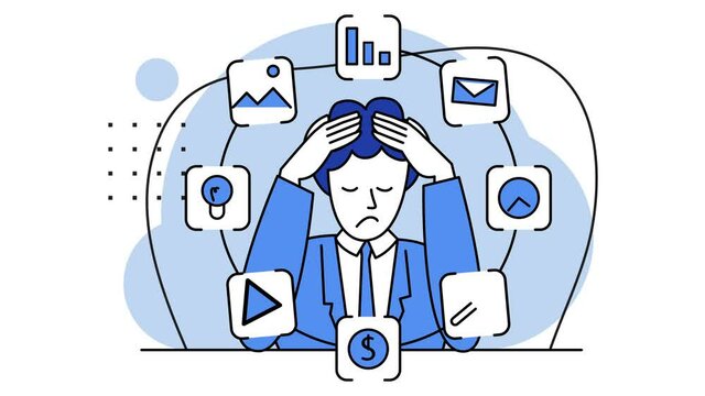 Man overwork in office, deadline illustration. Busy time of businessman in hard working. Lot of work. Stress at work. Manager holding hand on head. Blue colors, shades. Looped video. 2d flat animation
